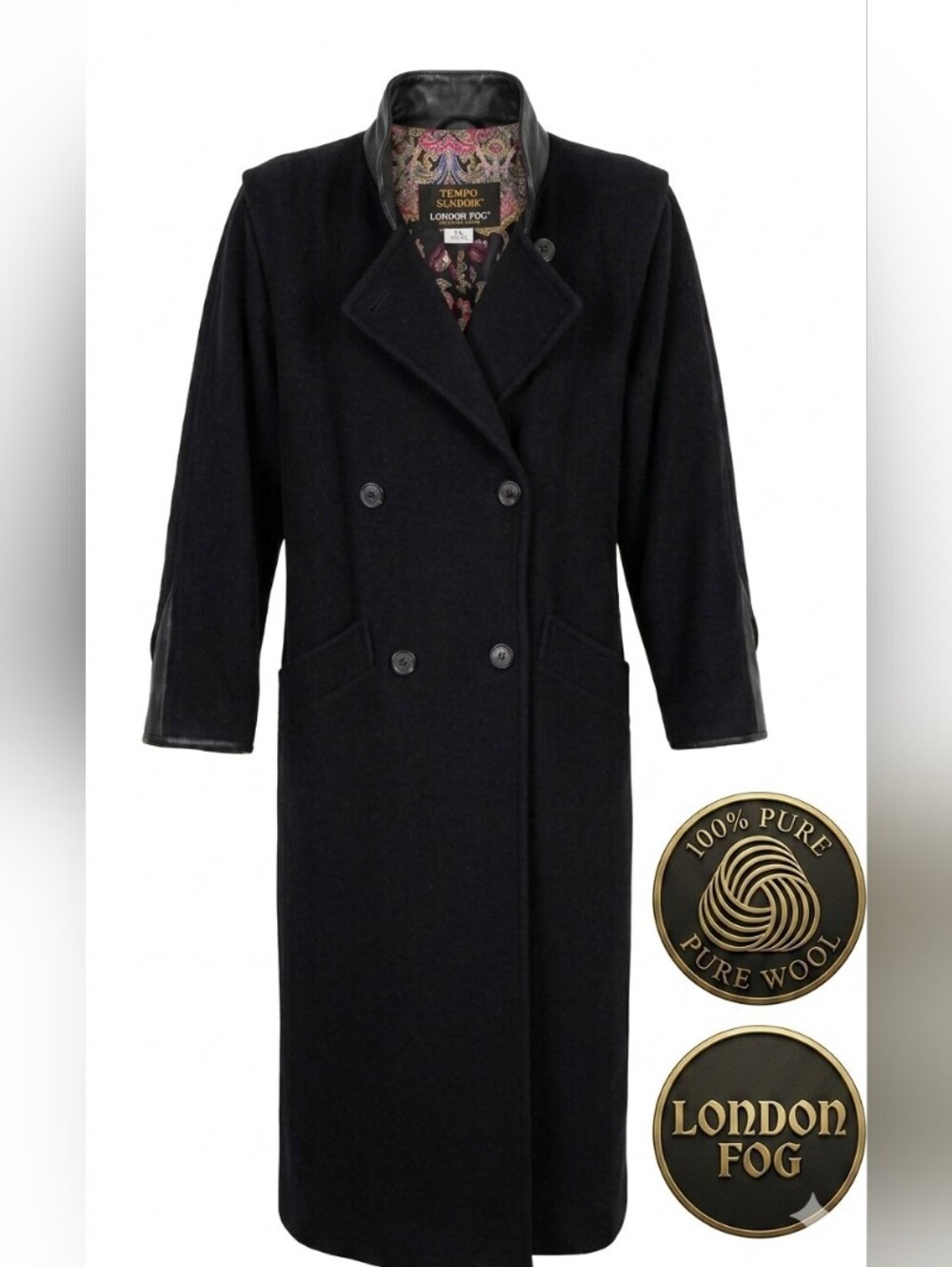 London Fog Leather Wool Black Double-Breasted Long Trench Coat